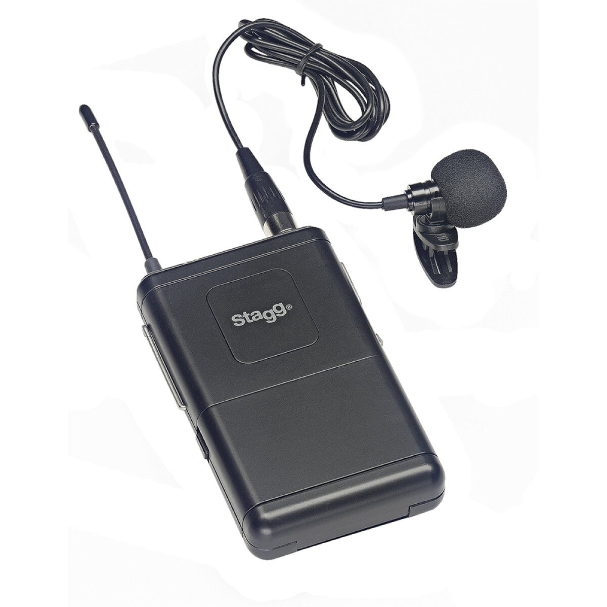 Belt-pack transmitter with a clip-on lapel microphone and antenna from the Stagg SUW 50 LL EG US wireless system