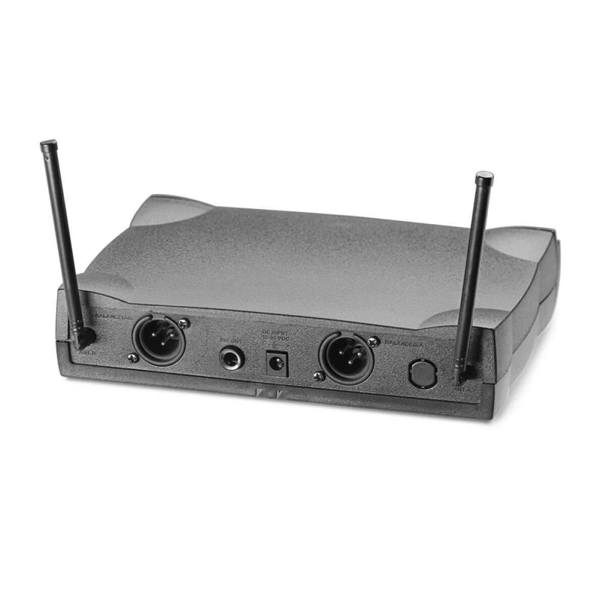 Rear of the Stagg SUW 50 MM EG US 2-channel receiver showing the two antennas, XLR outputs and power input