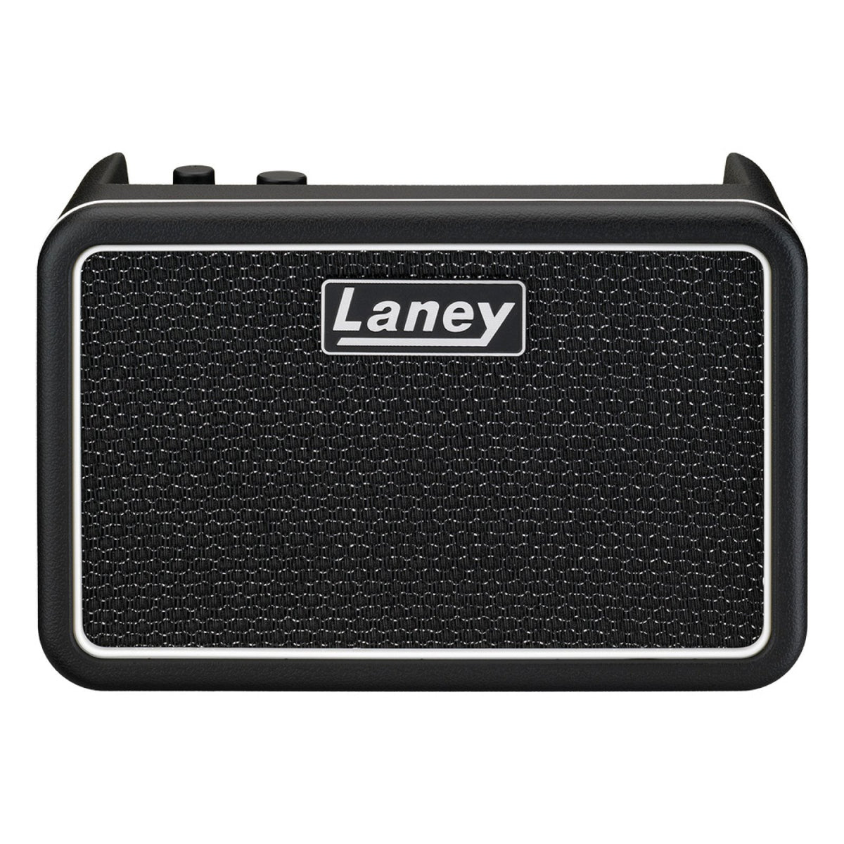 Laney PRISM-MINI Black portable stereo multi-FX guitar amp and Bluetooth speaker, front view of the black speaker grille with Laney badge