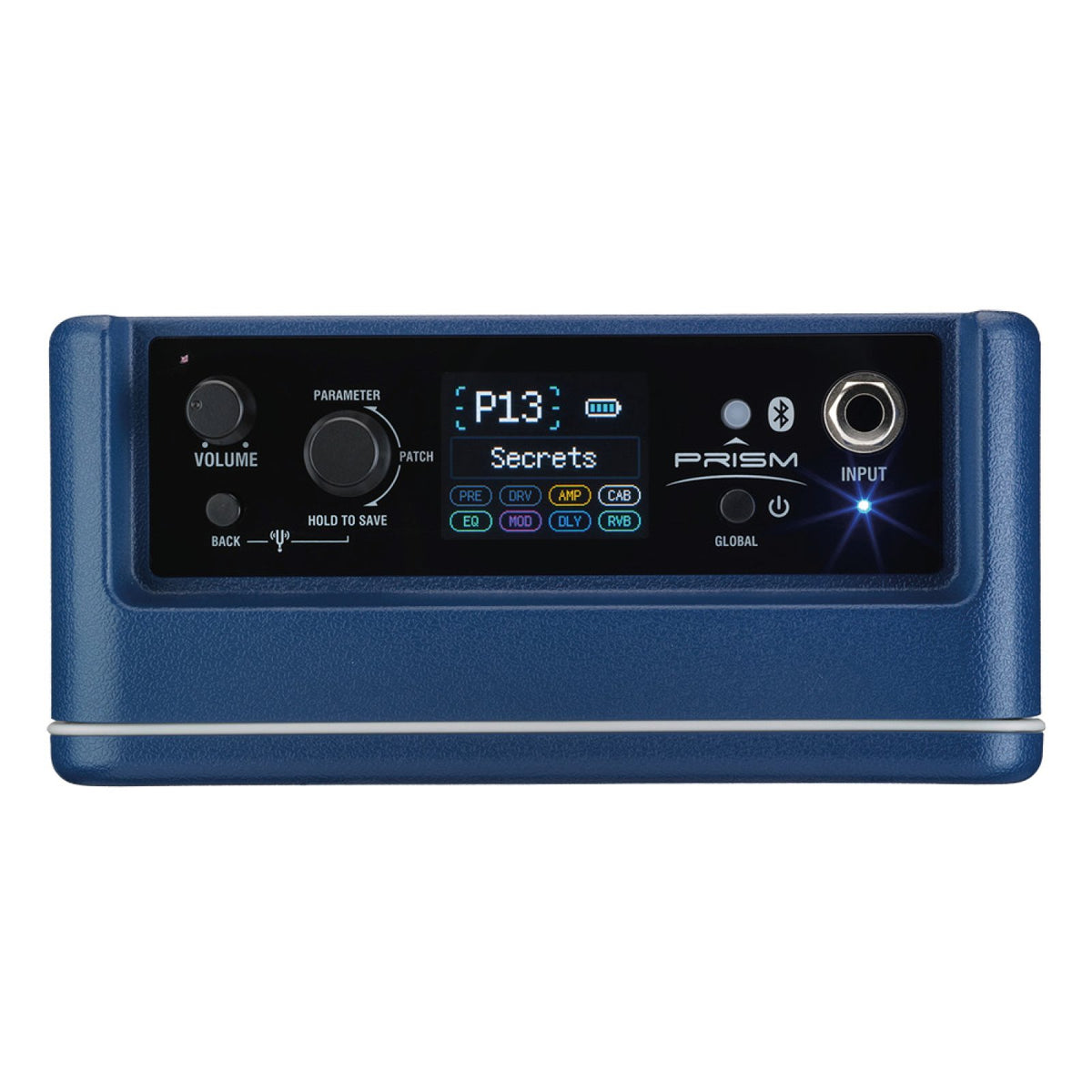 Top control panel of the Laney PRISM-MINI Blue with colour display, volume knob, parameter knob, back button, Bluetooth and power buttons, and guitar input jack