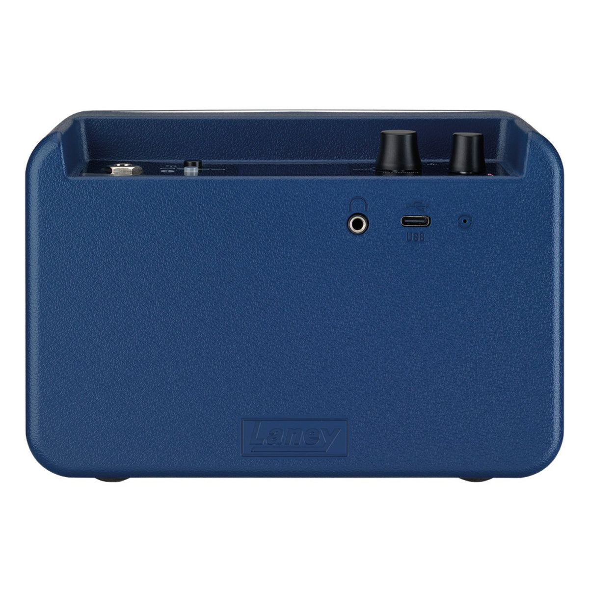 Rear of the Laney PRISM-MINI Blue showing the headphone output and USB Type-C power port