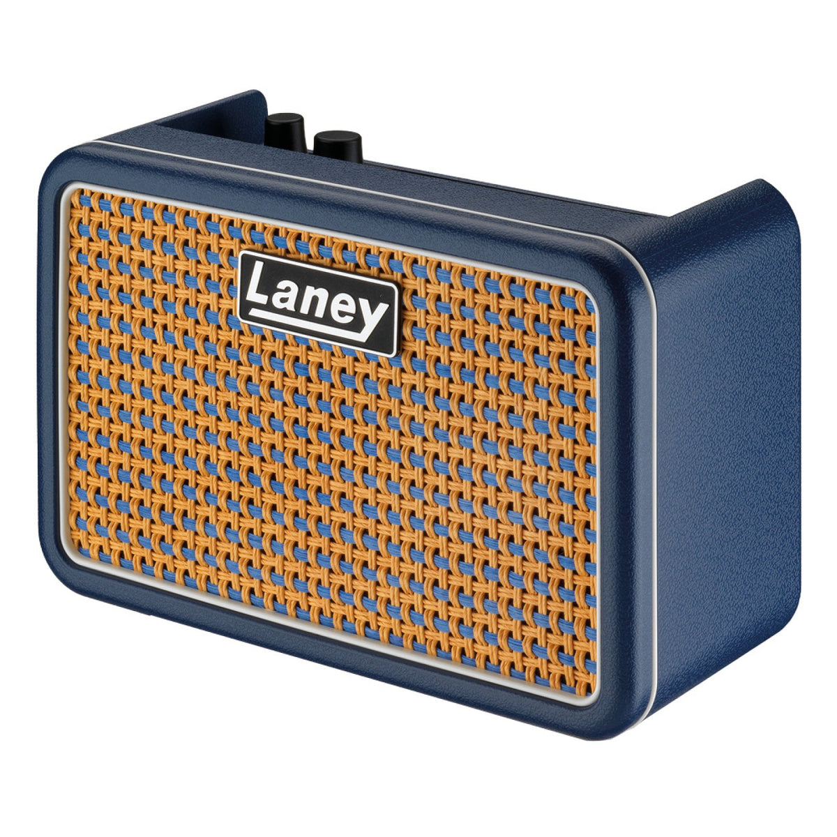 Laney PRISM-MINI Blue amp, three-quarter front view of the blue case and grille