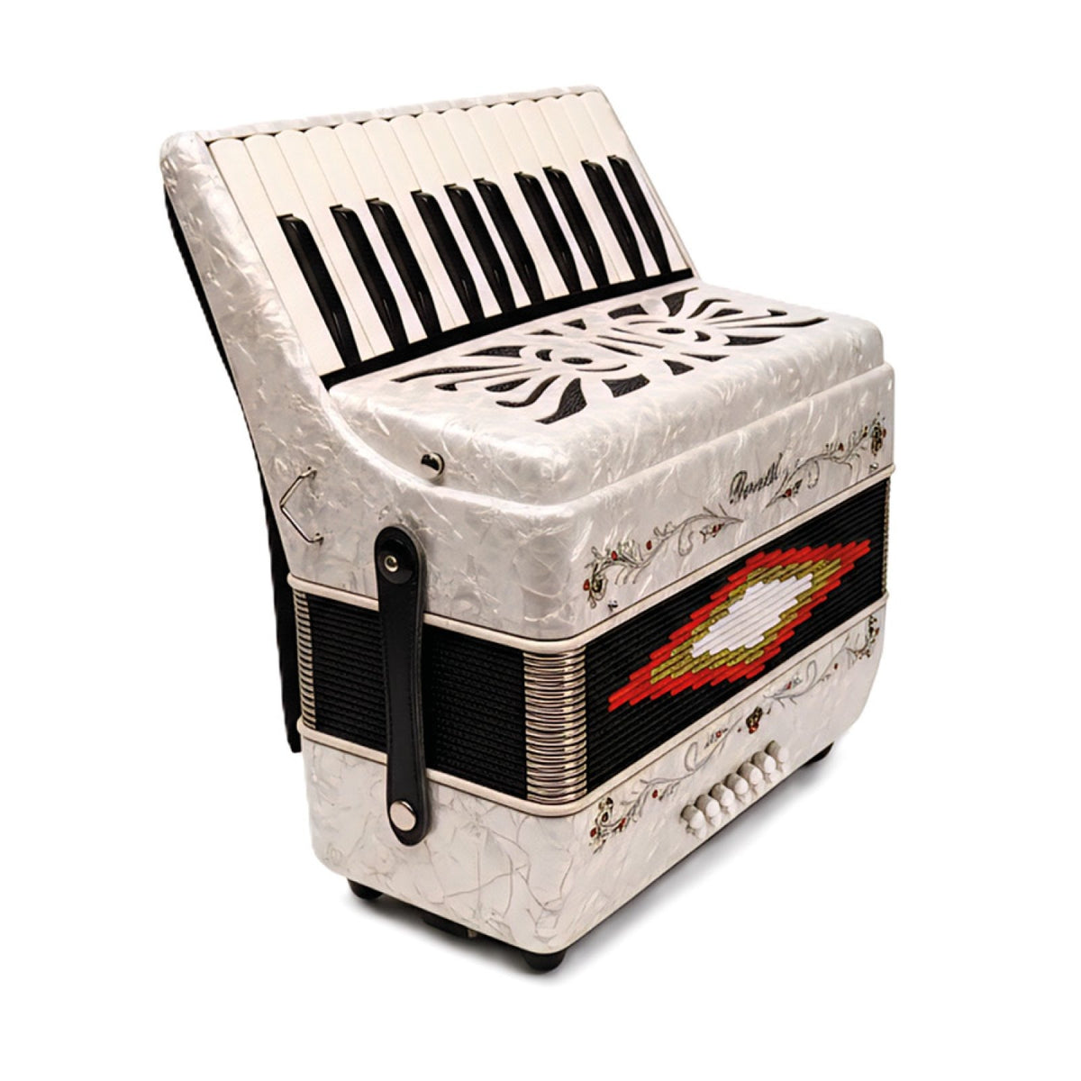 Rossetti 25-key white pearl piano accordion, angled view of keyboard side and bass buttons