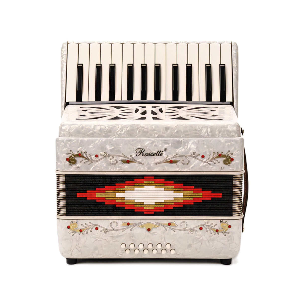 Rossetti white pearl piano accordion, top view of keyboard with bellows and bass buttons below