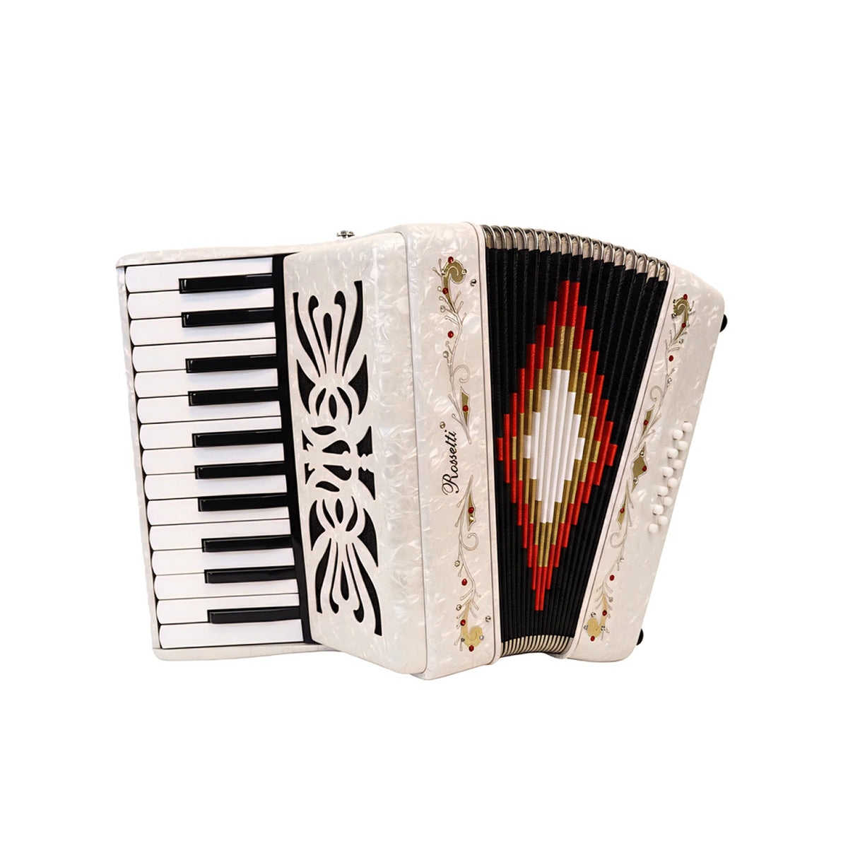 Rossetti white pearl piano accordion, keyboard side with bellows