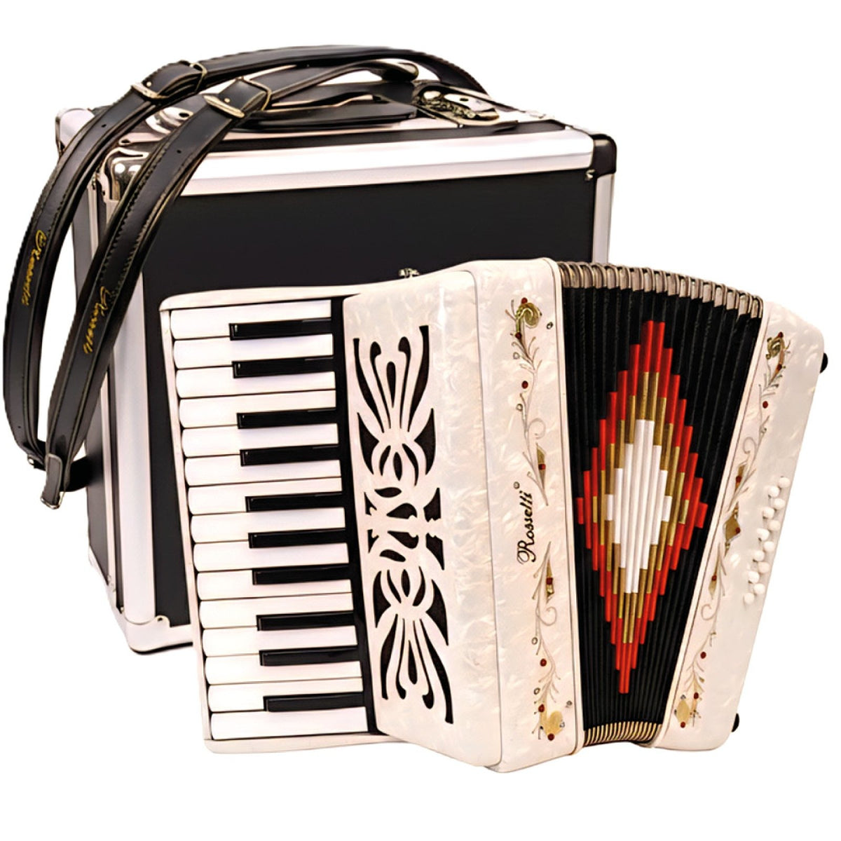 Rossetti white pearl piano accordion with included black hard case and shoulder straps