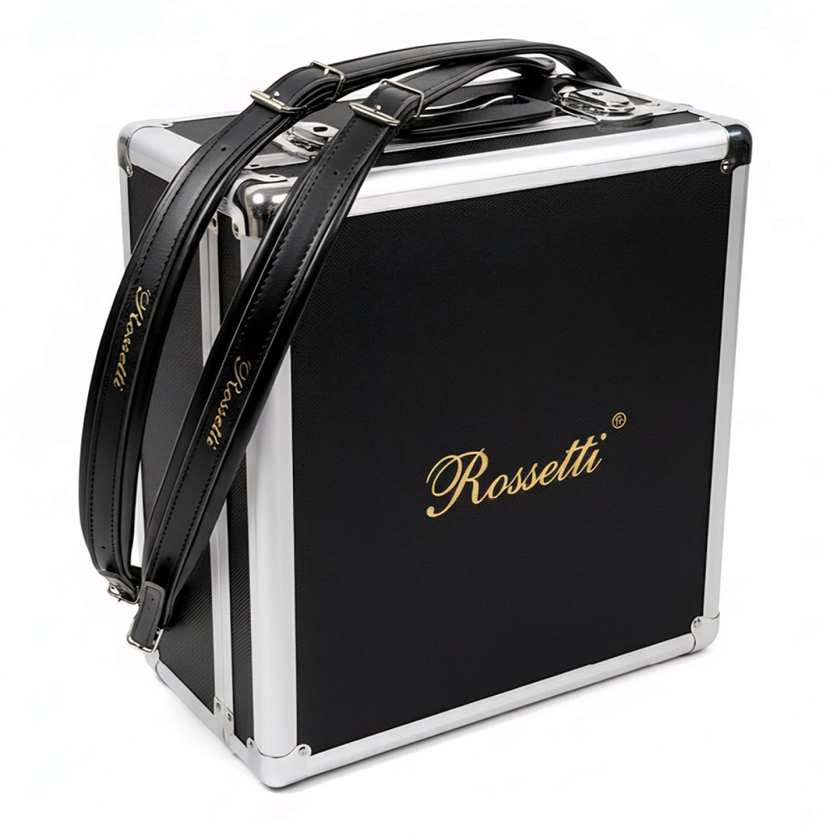 Rossetti black hard case with aluminum trim and shoulder straps for the piano accordion