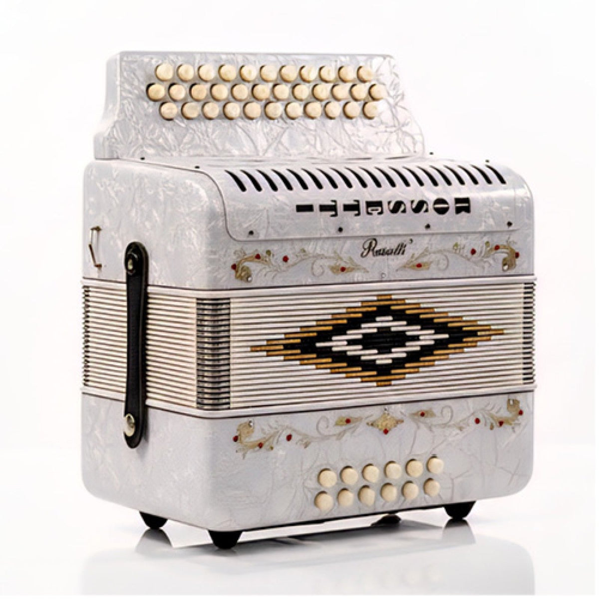Rossetti 31-button GCF diatonic button accordion in white pearl, angled view of bass side and bellows