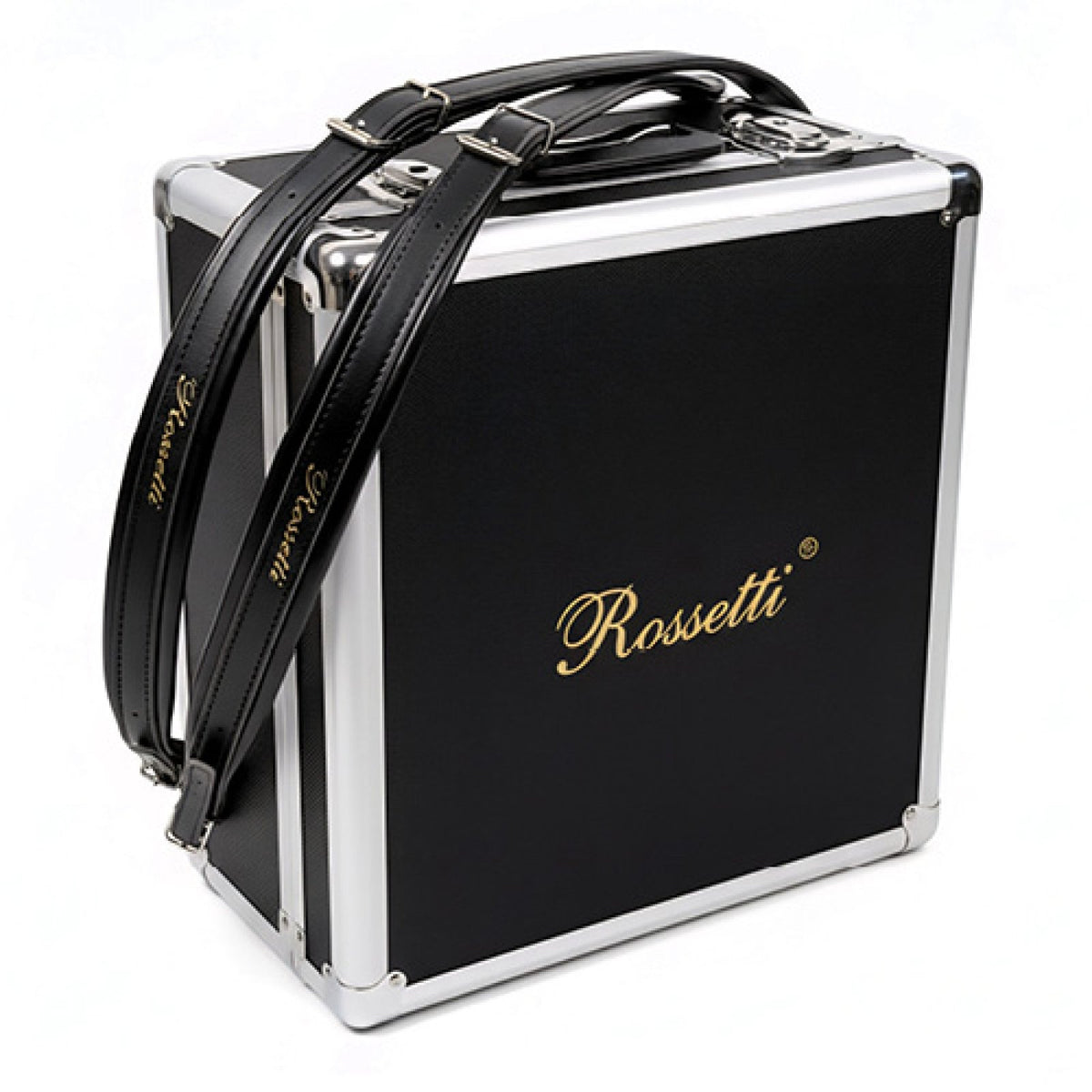 Rossetti black hard case with aluminum trim and shoulder straps for the button accordion