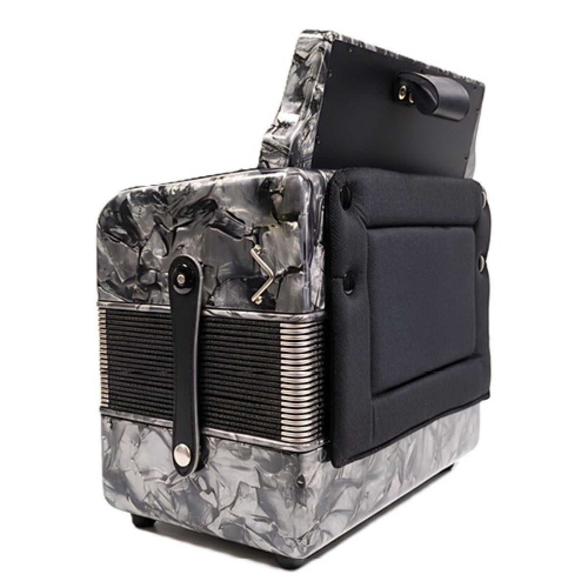 Rossetti gray pearl 31-button GCF accordion, bass side with padded back panel and strap