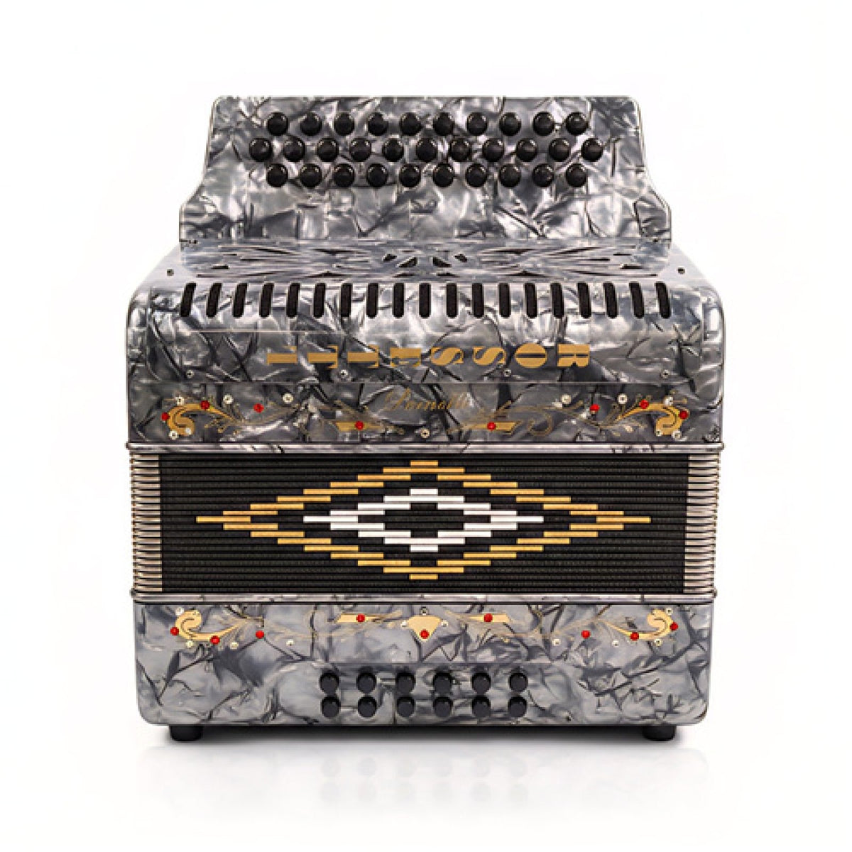 Rossetti gray pearl 31-button FBE accordion, straight-on view of the bellows