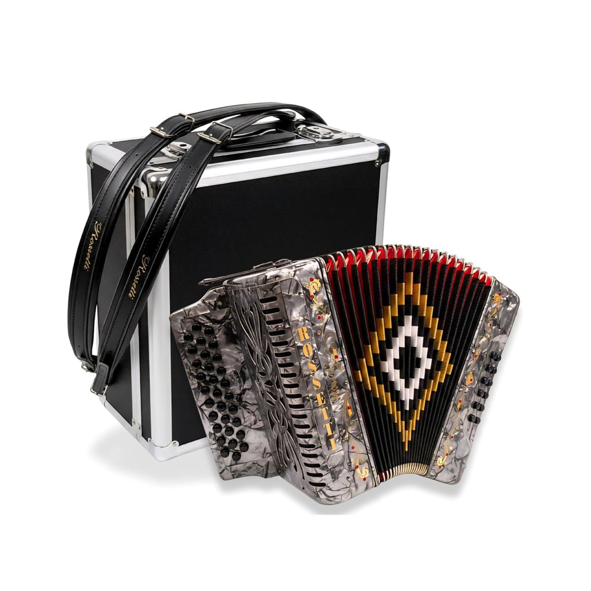 Rossetti gray pearl 31-button FBE accordion with included black hard case and shoulder straps