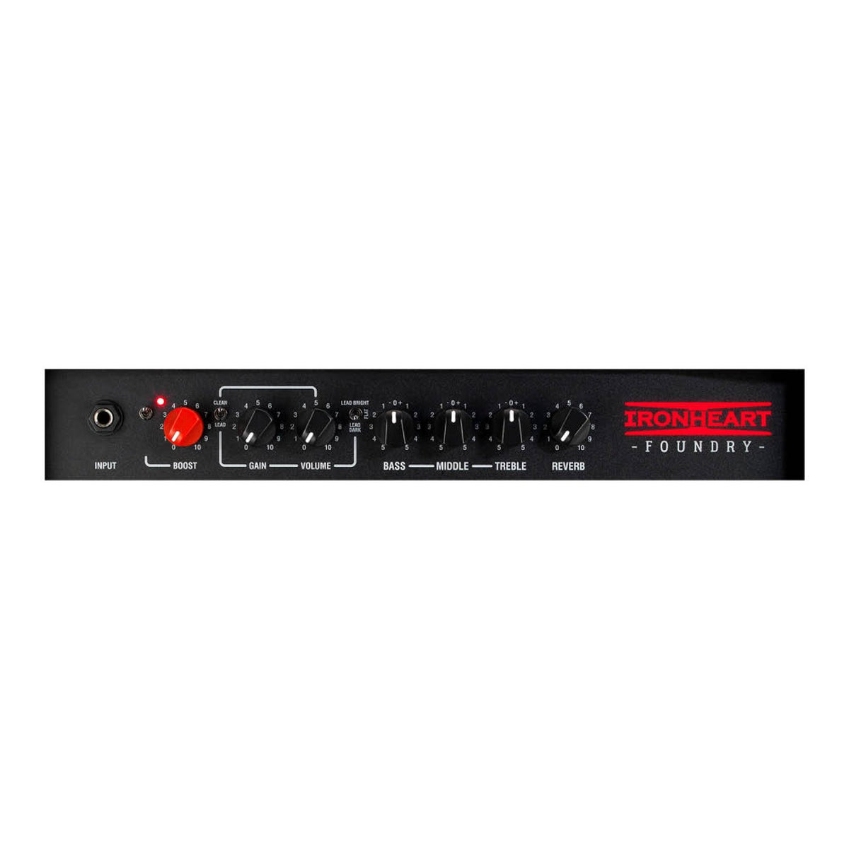 Control panel of the Laney IRF60-110 with input, boost, gain, volume, bass, middle, treble and reverb knobs and Ironheart Foundry logo