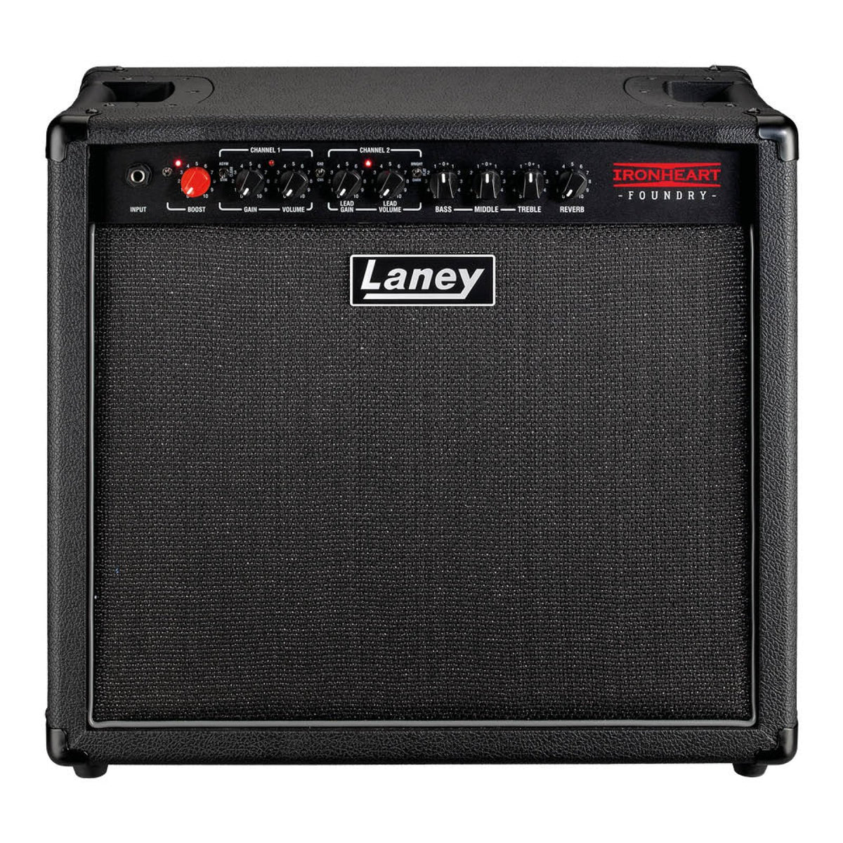 Laney IRF60-112 Ironheart Foundry 60W 1x12 analogue guitar combo amp, front view of the black cabinet with grille and Laney badge