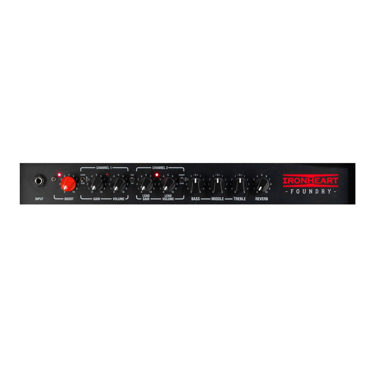 Two-channel control panel of the Laney IRF60-112 with input, boost, channel 1 and channel 2 gain and volume, bass, middle, treble and reverb knobs