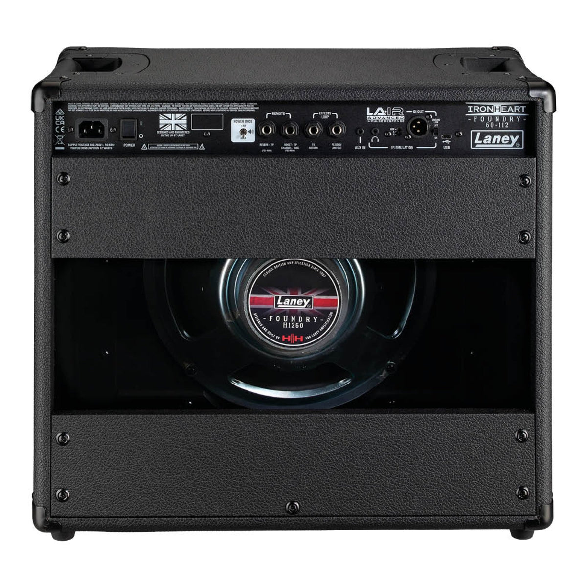 Rear of the Laney IRF60-112 combo amp showing the 12-inch HH driver and rear panel with LA-IR XLR output