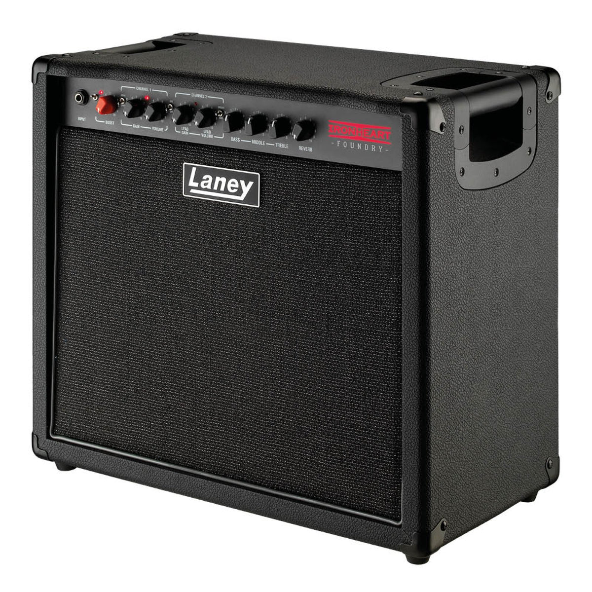 Laney IRF60-112 Ironheart Foundry combo amp seen at an angle showing the side handle, top control panel and grille