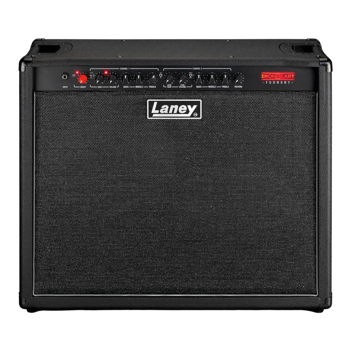 Laney IRF120-212 Ironheart Foundry 120W 2x12 analogue guitar combo amp, front view of the black cabinet with grille and Laney badge