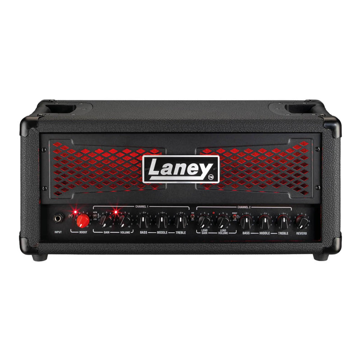 Laney IRF120H Ironheart Foundry guitar amp head front view with red grille, Laney logo and two-channel control panel