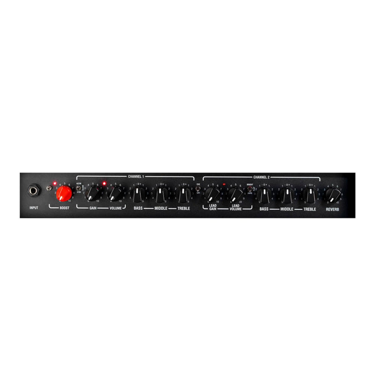 Laney IRF120H control panel close-up showing Pre-Boost, gain, bass, middle, treble, volume and reverb knobs for two channels