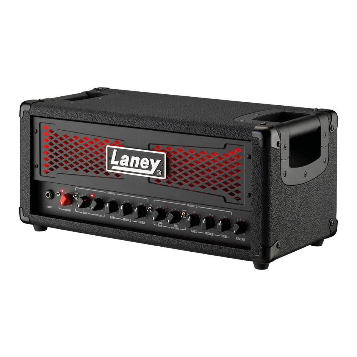 Laney IRF120H guitar amp head three-quarter view showing the red grille, controls and side handle