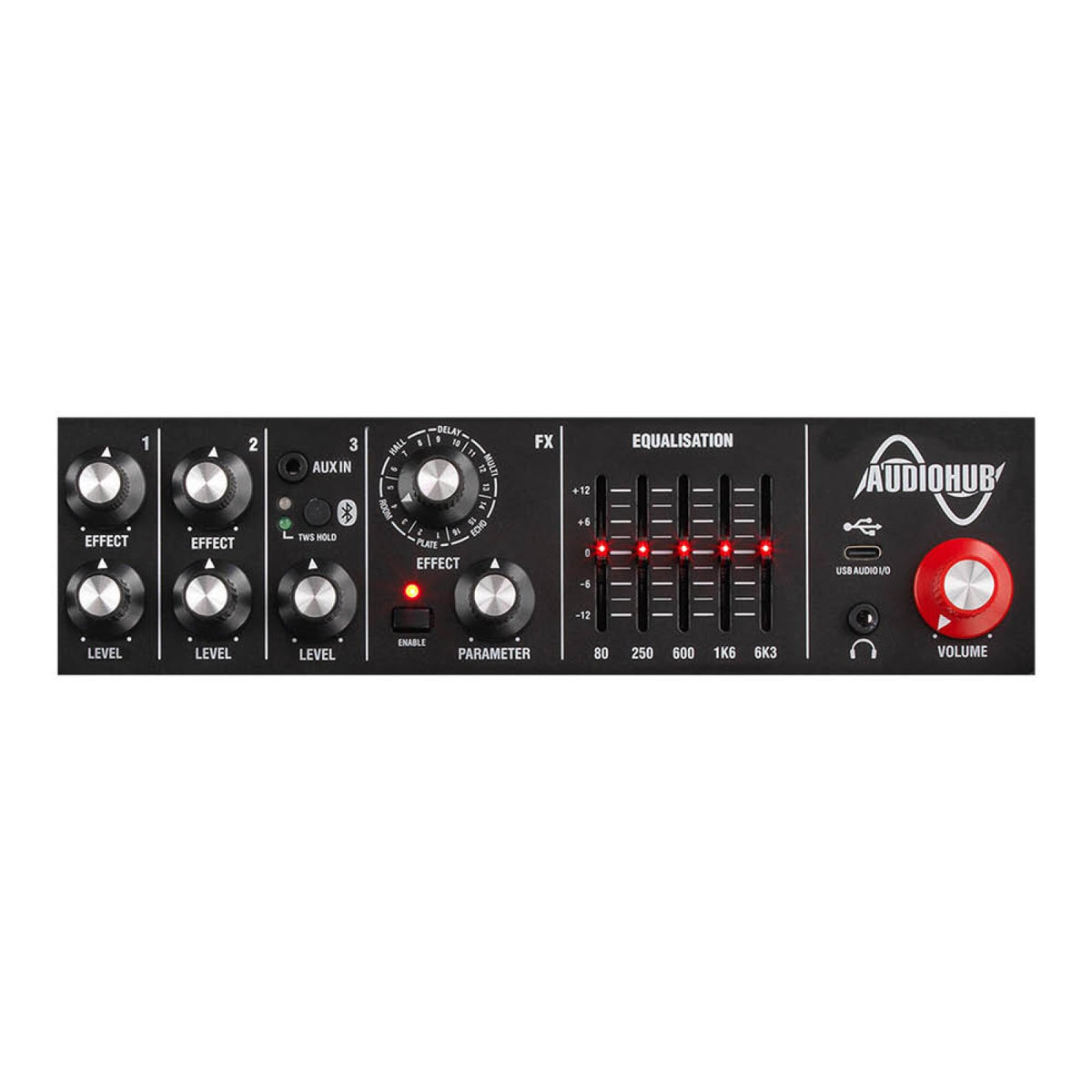 Control panel of the Laney AH60 AudioHub combo amp showing channel level and effect knobs, effects selector, equalizer sliders and USB audio port