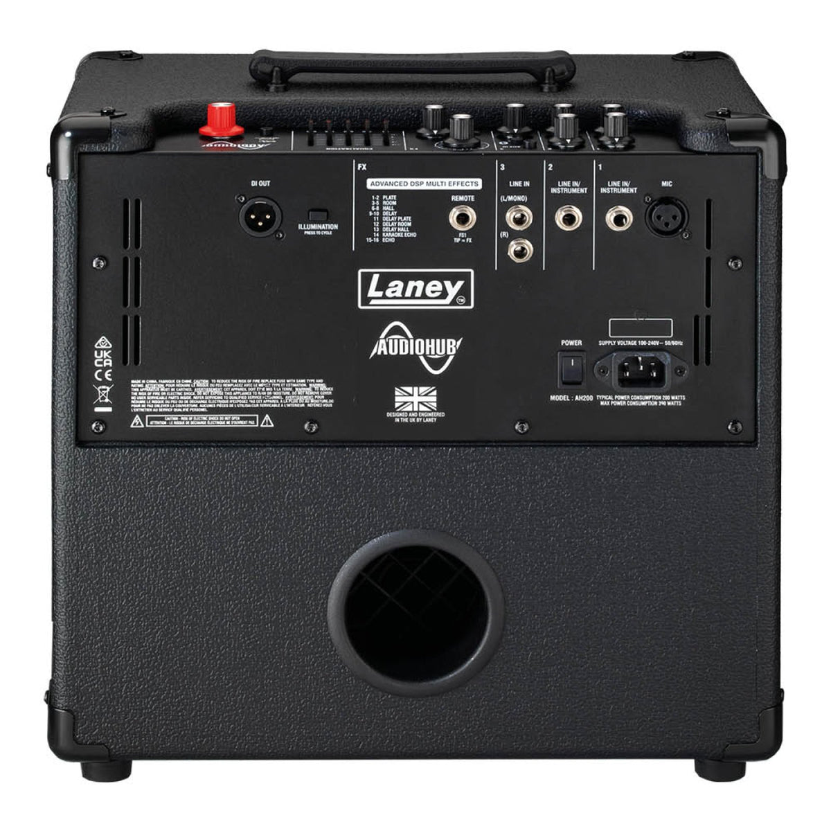 Rear view of the Laney AH60 AudioHub combo amp showing XLR DI out, effects remote, line inputs, XLR mic input and power inlet above the bass port