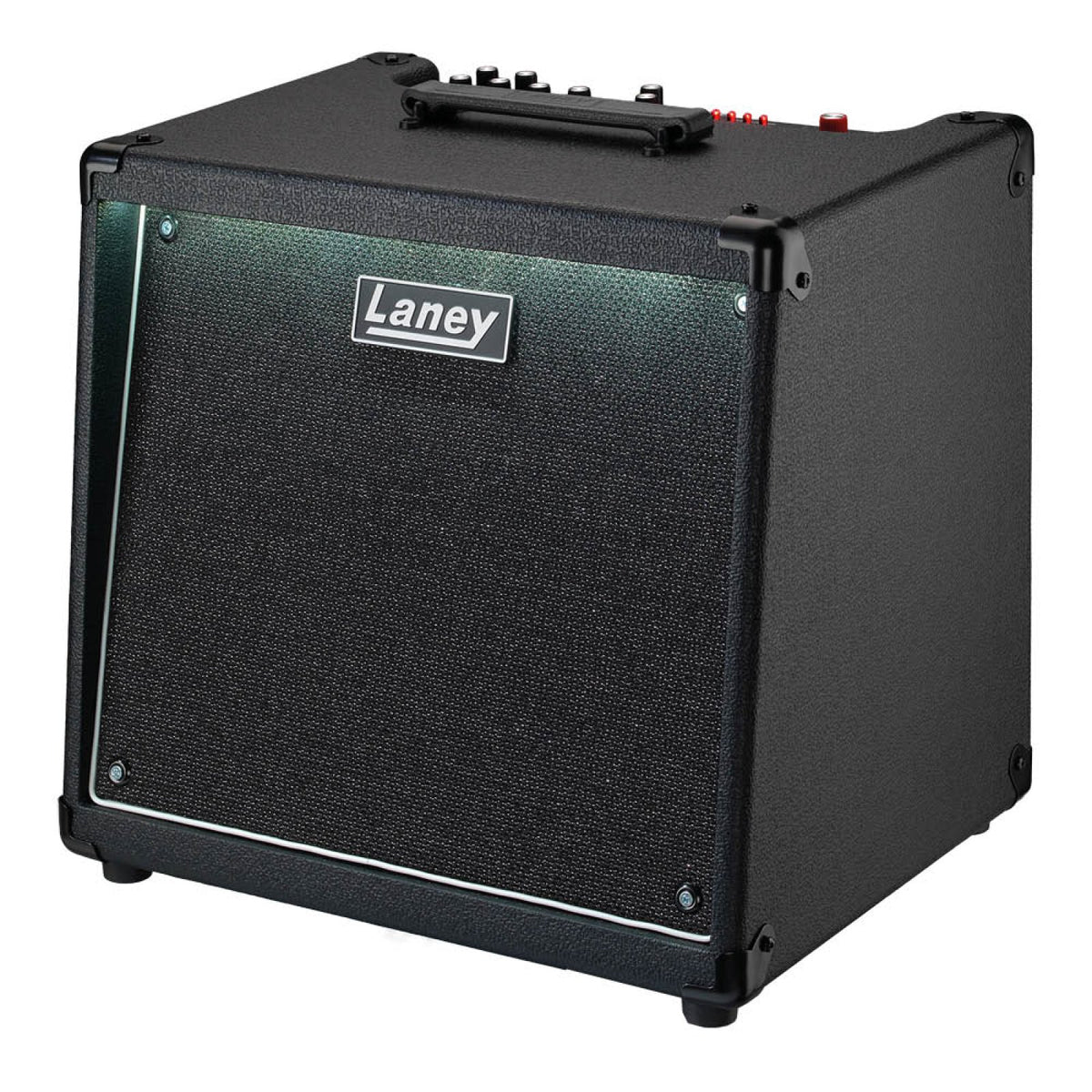 Three-quarter front view of the Laney AH100 AudioHub combo amp showing the cabinet side and top controls