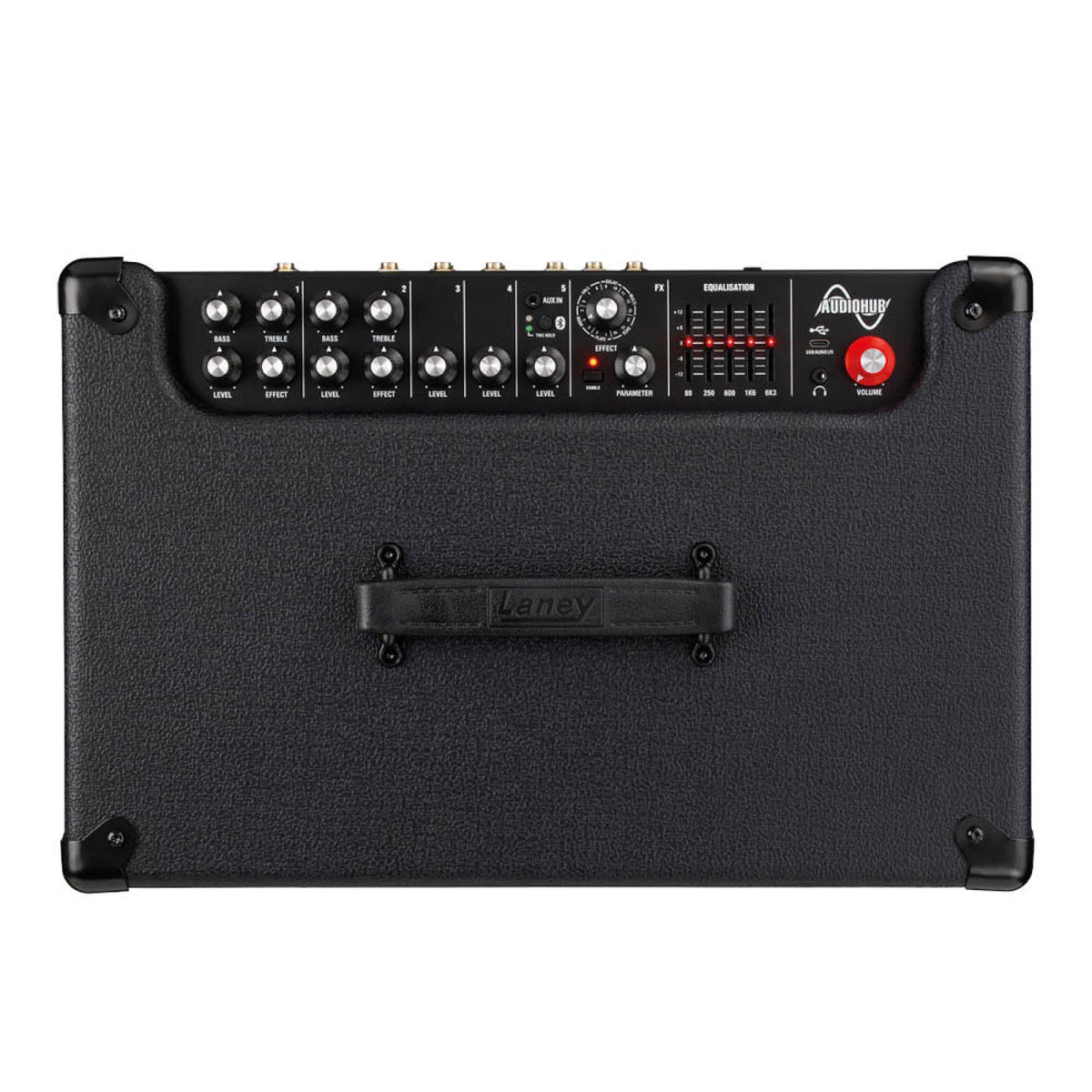 Top view of the Laney AH200 AudioHub combo amp showing the top control panel and strap handle