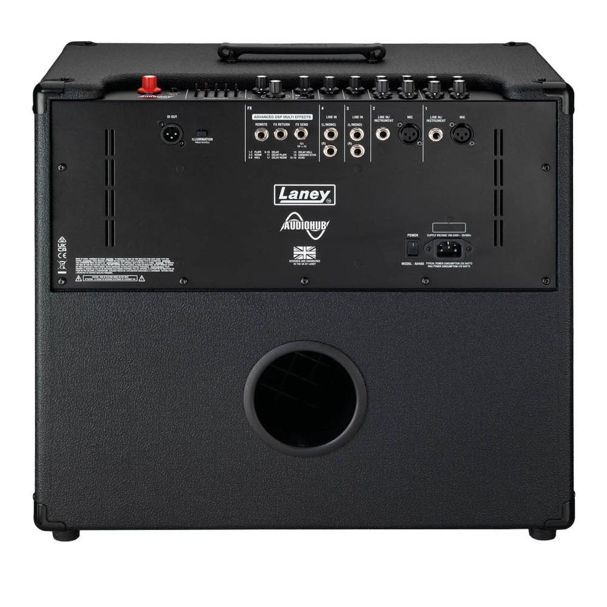 Rear view of the Laney AH400 AudioHub combo amp showing XLR DI out, effects remote, return and send jacks, line and XLR mic inputs and power inlet above the bass port