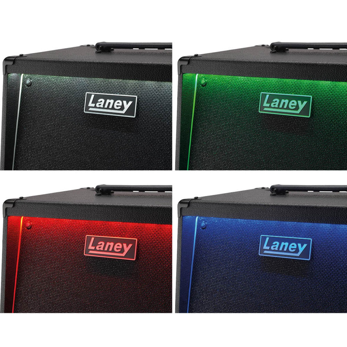 Four close-ups of the Laney AudioHub grille logo lit in white, green, red and blue to show the four illumination colors