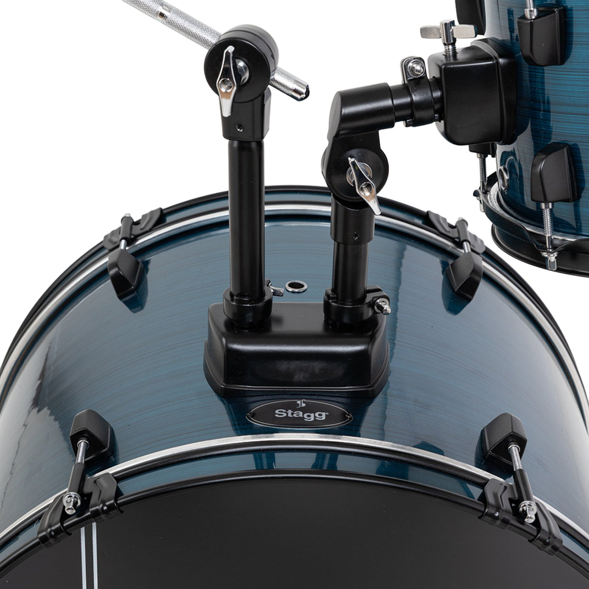 Stagg ATOM-420-CB Cobalt drum set, close view of the bass drum with tom holder and mounts