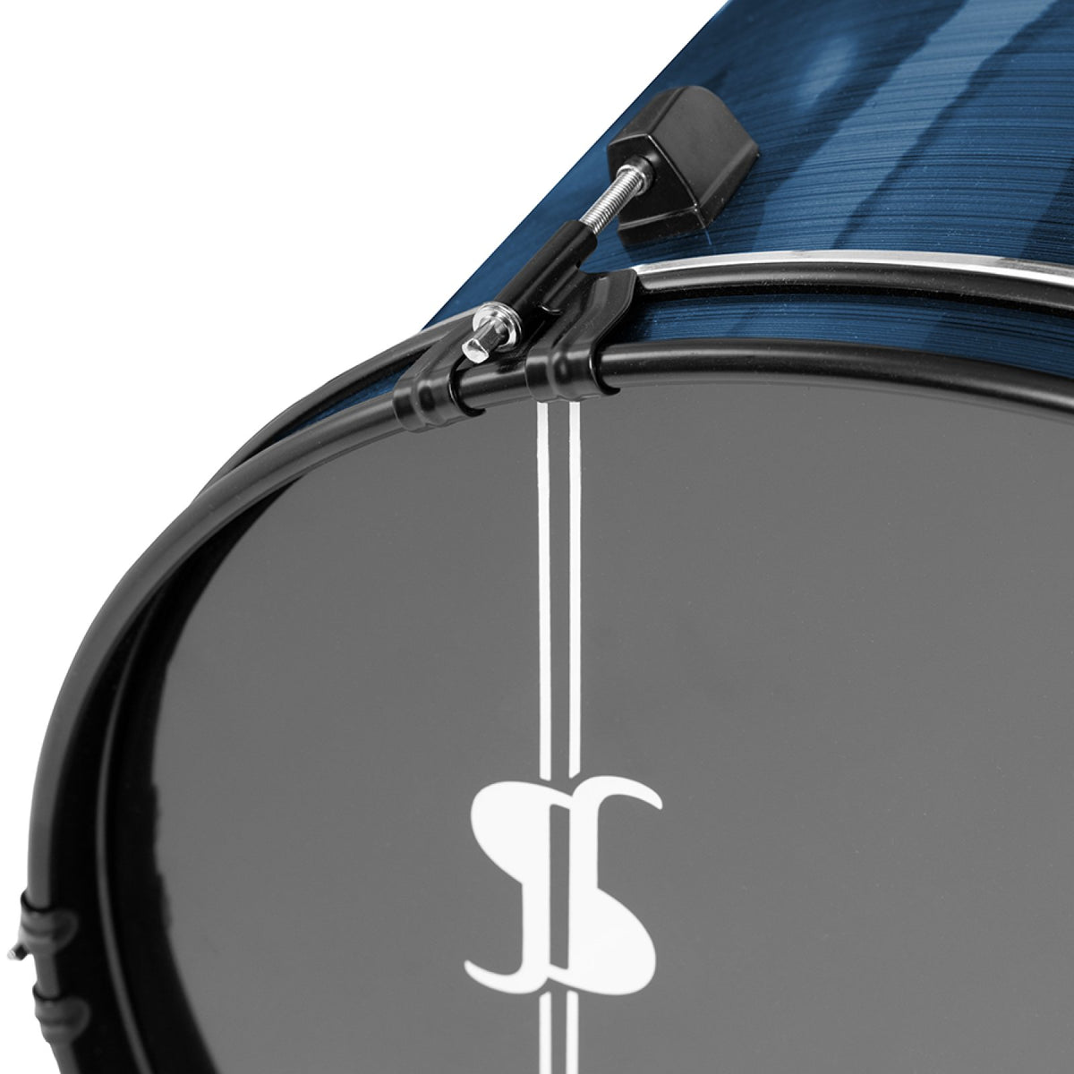 Stagg ATOM-522-CB Cobalt drum set, 22" bass drum front head with Stagg logo and rim