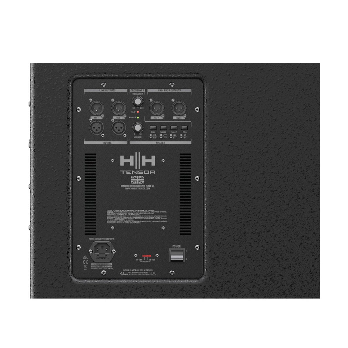 Rear amplifier panel of the HH Audio Tensor TRS-1800 active subwoofer with XLR connectors and power inlet