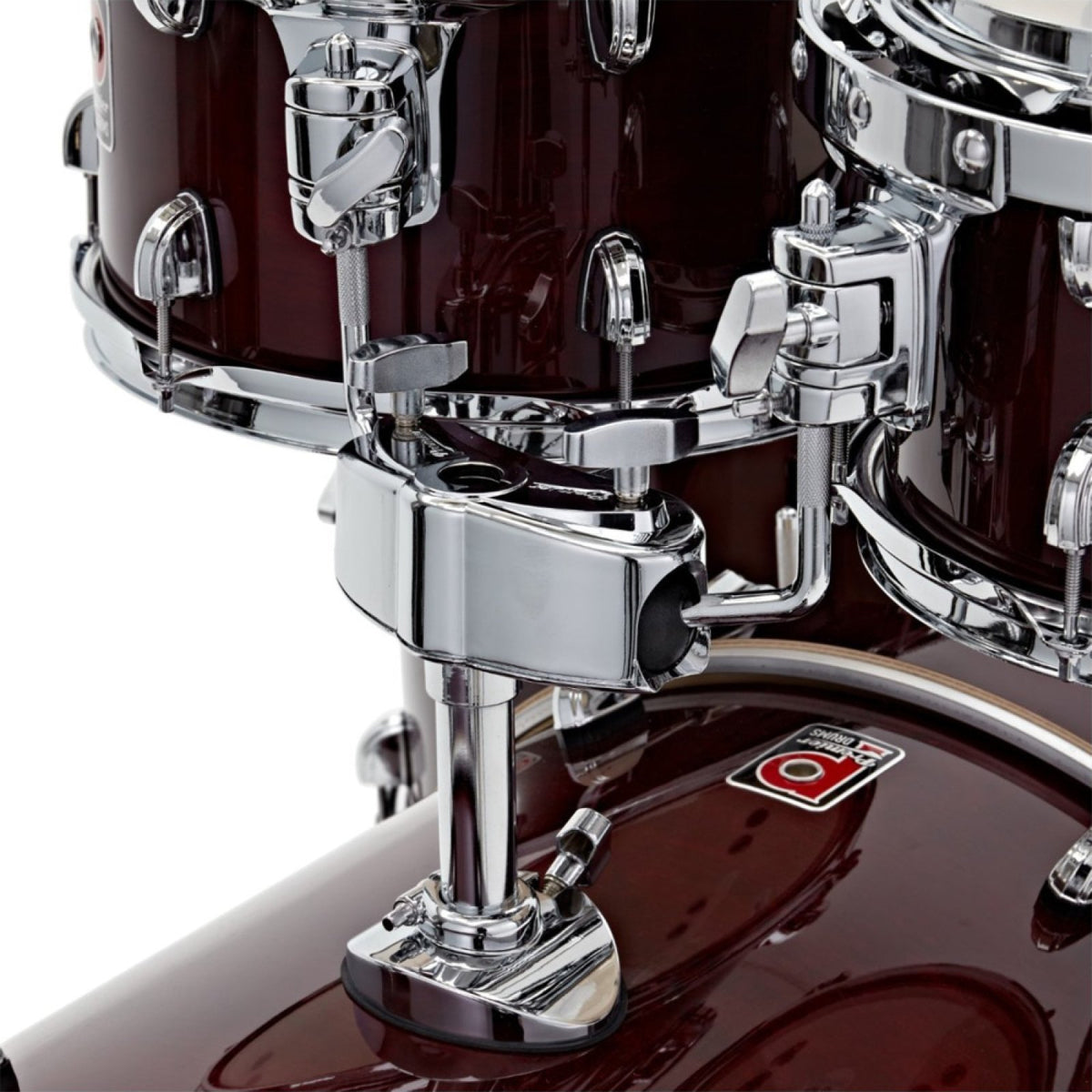 Premier Artist 22" five-piece shell pack in Cherry (10/12/16/22): close-up of the tom holder and bass drum bracket
