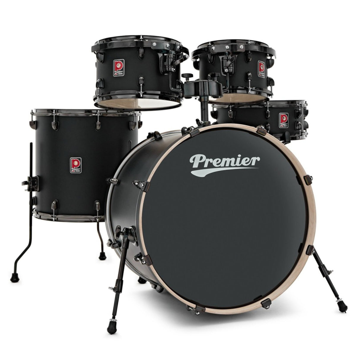 Premier Artist 22" five-piece shell pack in Matt Black (10/12/16/22): front view of the five-piece kit set up with the black bass drum head