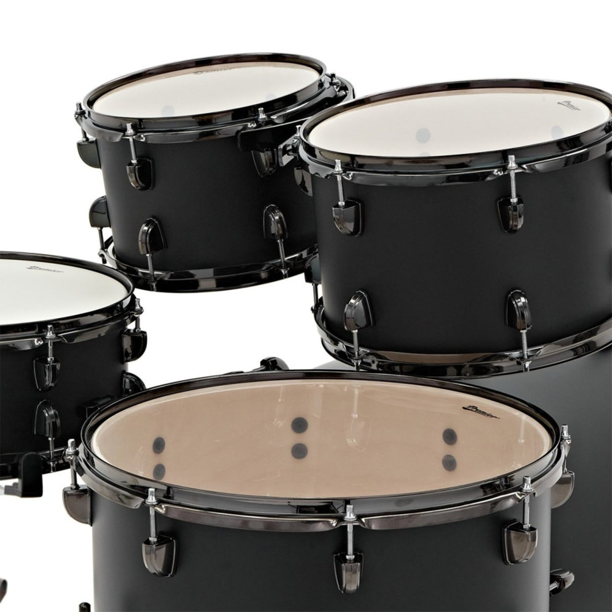 Premier Artist 22" five-piece shell pack in Matt Black (10/12/16/22): close-up of the rack toms showing the black nickel hoops and lugs