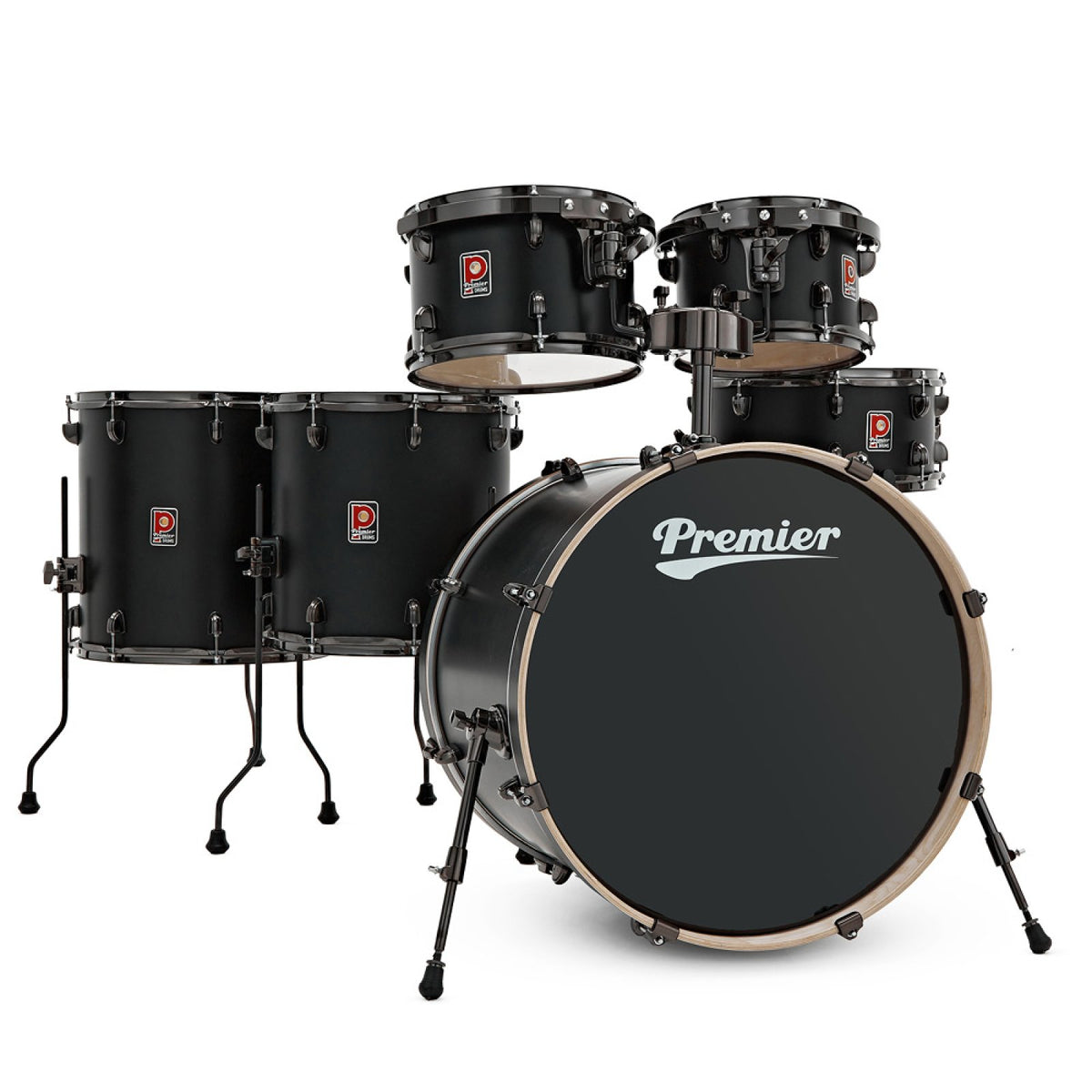 Premier Artist 22" six-piece shell pack in Matt Black (10/12/14/16/22): front view of the six-piece kit with two floor toms beside the bass drum