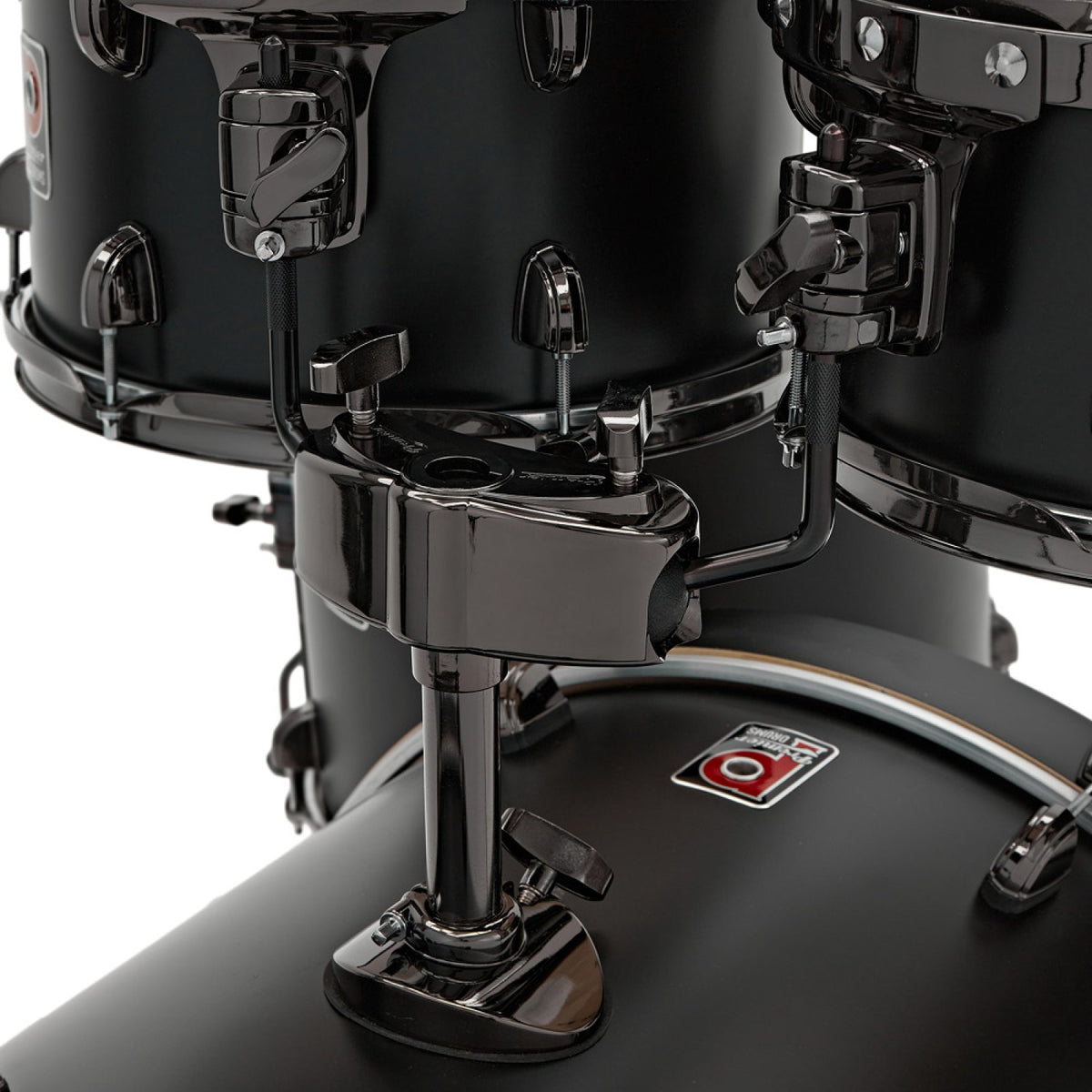 Premier Artist 22" six-piece shell pack in Matt Black (10/12/14/16/22): close-up of the black nickel tom holder and bass drum bracket