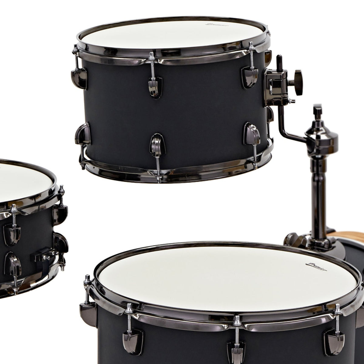 Close-up of the Premier Artist Heritage Phantom Ash 12 x 8 rack tom on its tom holder bracket