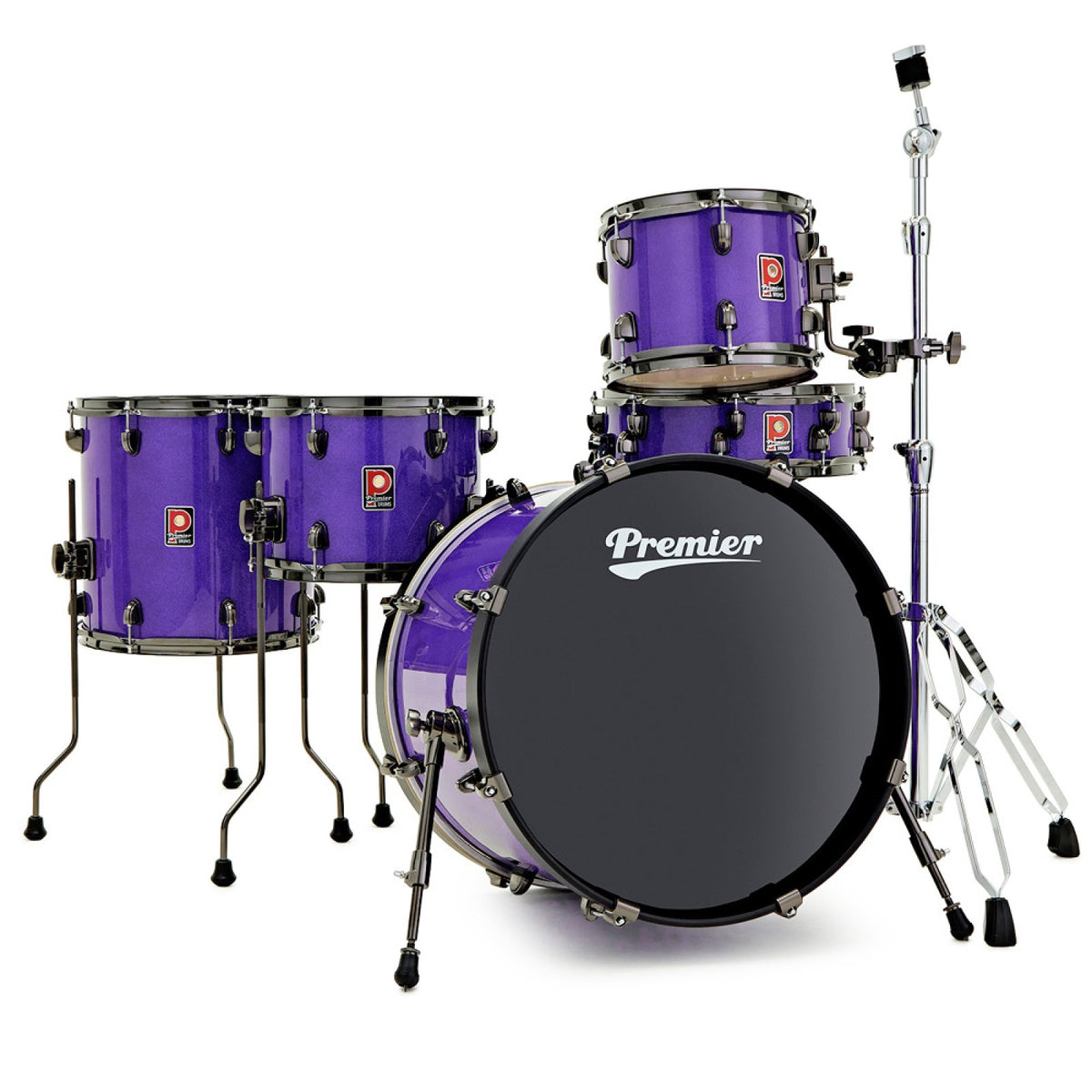 Premier Artist Series Little Criminal 5-piece shell pack in Purple Rain Sparkle, front view of the 20 x 14 bass drum, toms and snare