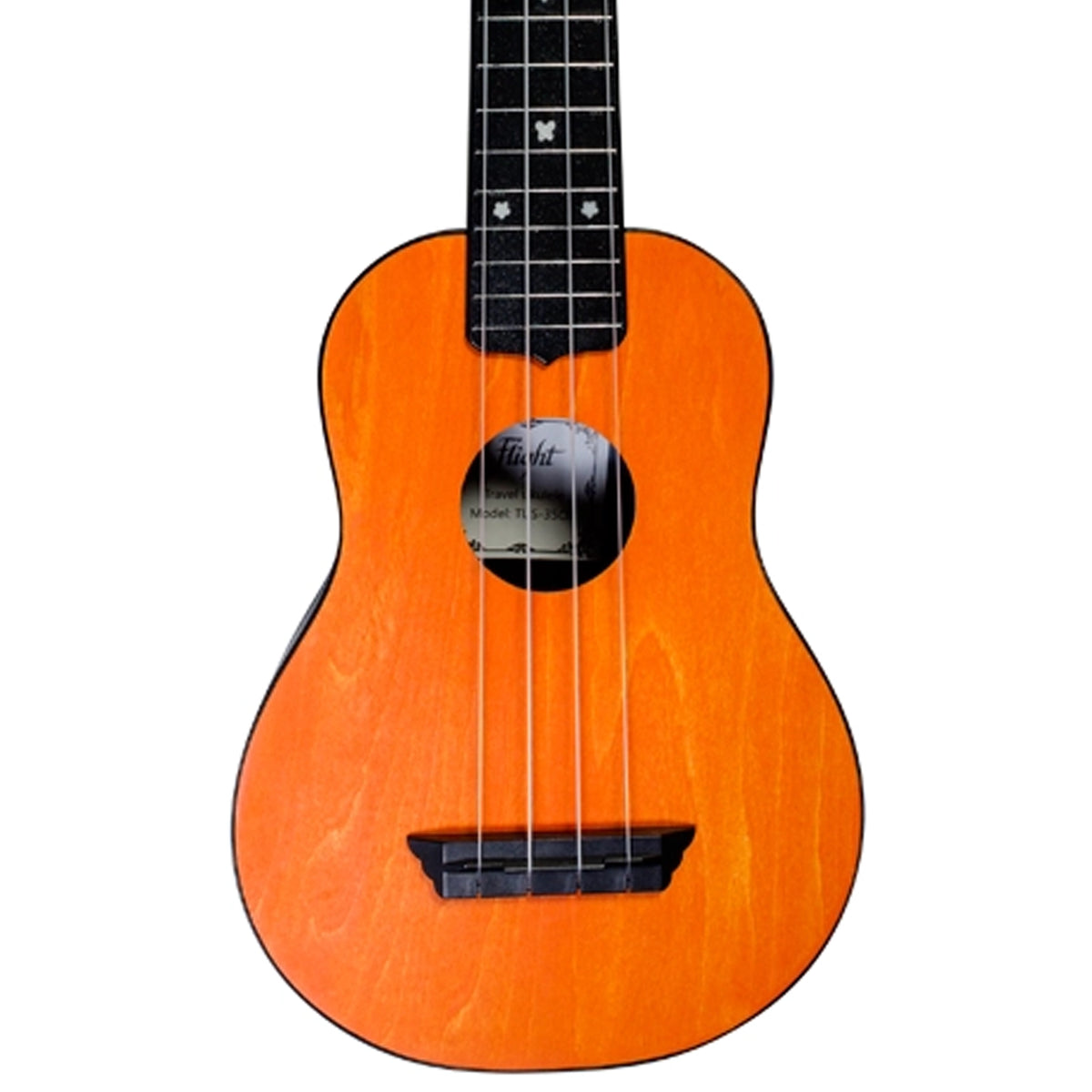 The Flight TUS-35 OR body close-up highlights the orange linden top, ABS bridge, and Aquila Nylgut strings.