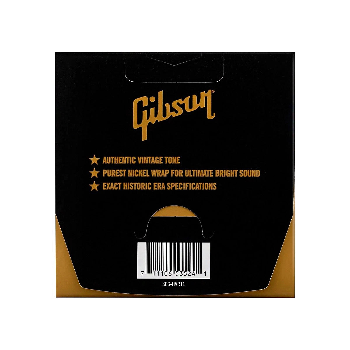 The back packaging highlights Gibson Vintage Reissue strings with pure nickel winding and authentic vintage tone specifications.
