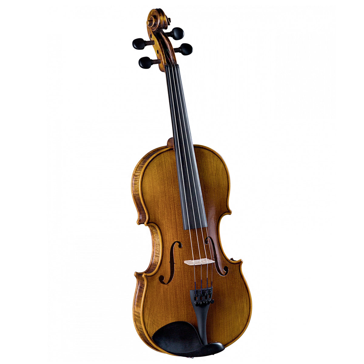 The full front view highlights the solid spruce top, dark amber oil finish, and ebony fittings of the Cremona SV-588 4/4 Violin.