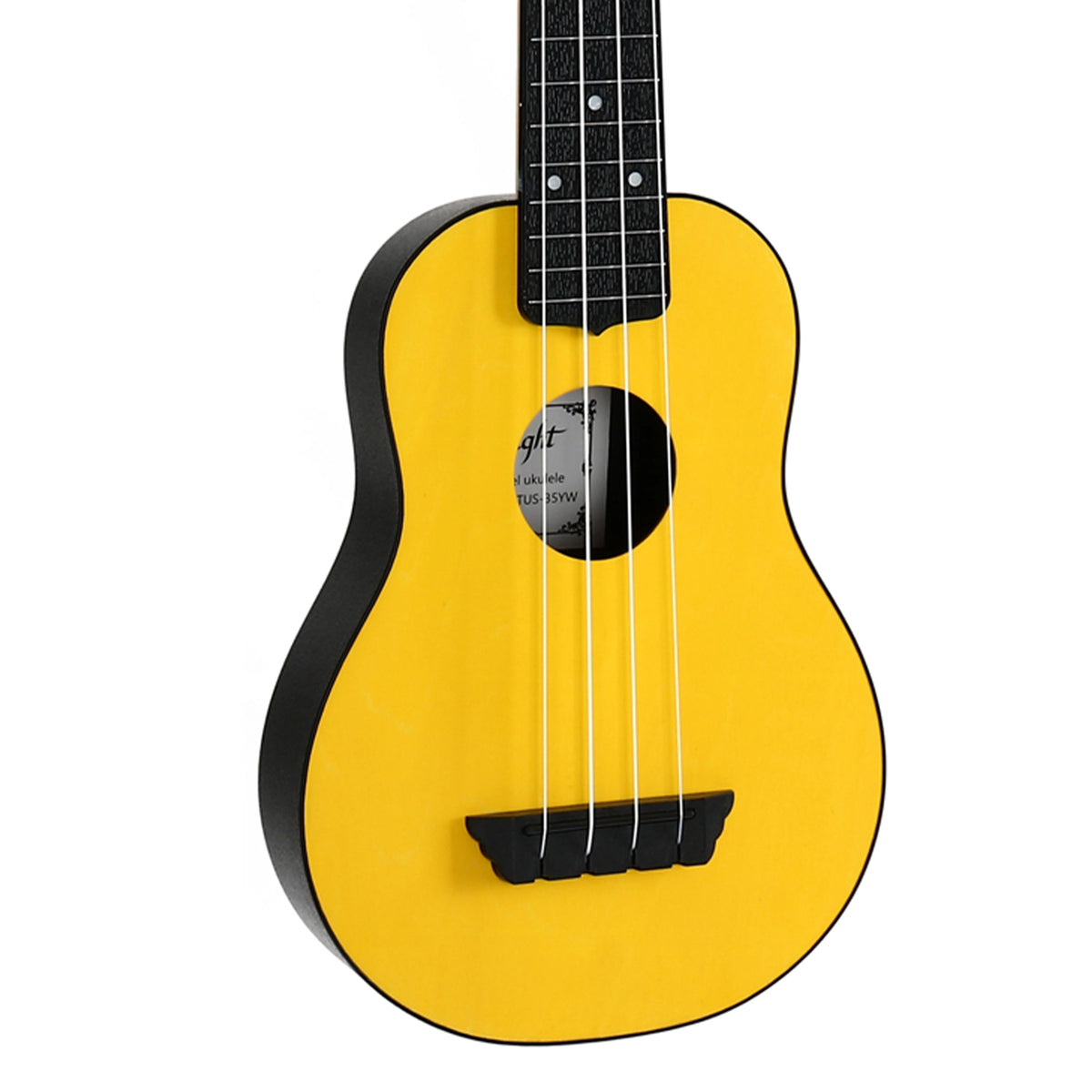 The Flight TUS-35 YL body close-up highlights the yellow linden top, ABS bridge, and Aquila Nylgut strings.