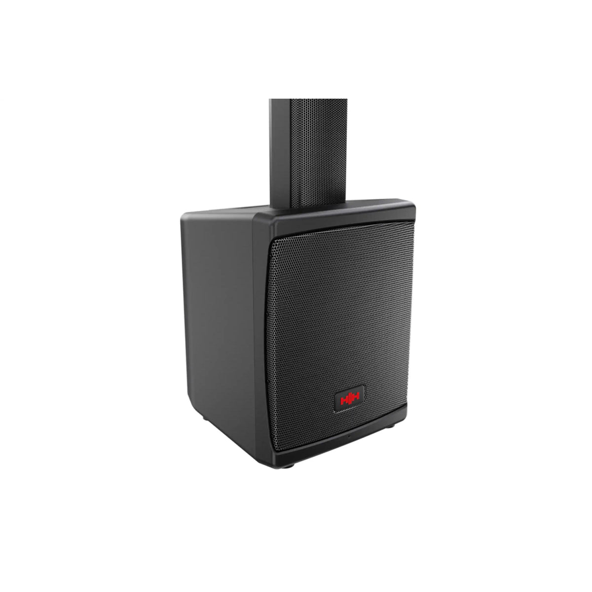 HH Electronics Tensor-Solo subwoofer base with the column array attached, front grille and red HH logo