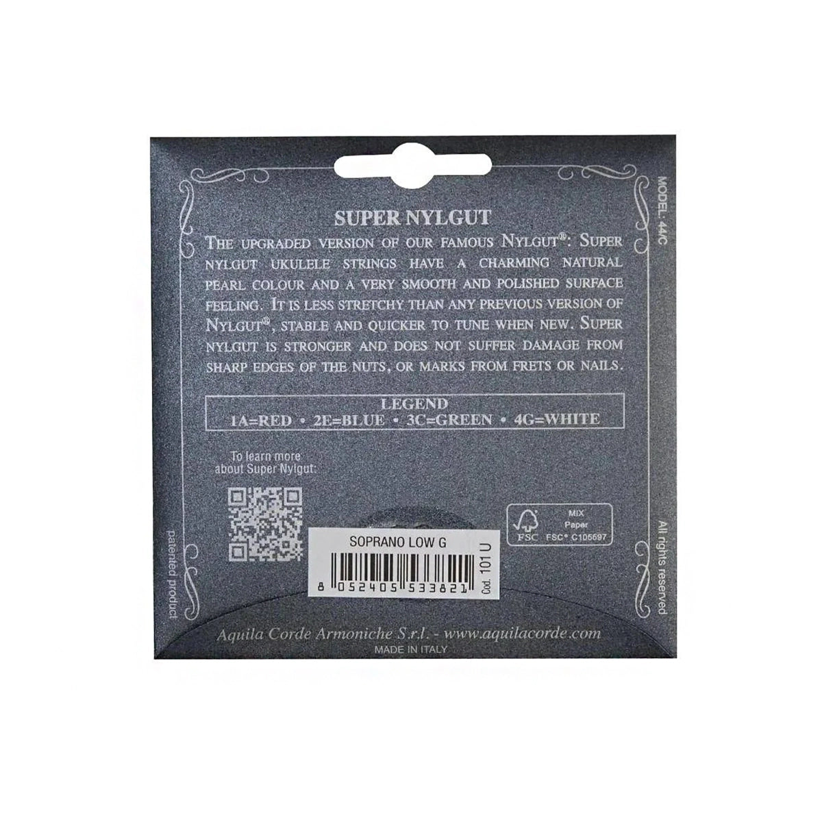 The back packaging identifies the Aquila 101U Soprano Low G set and provides Super Nylgut string information.