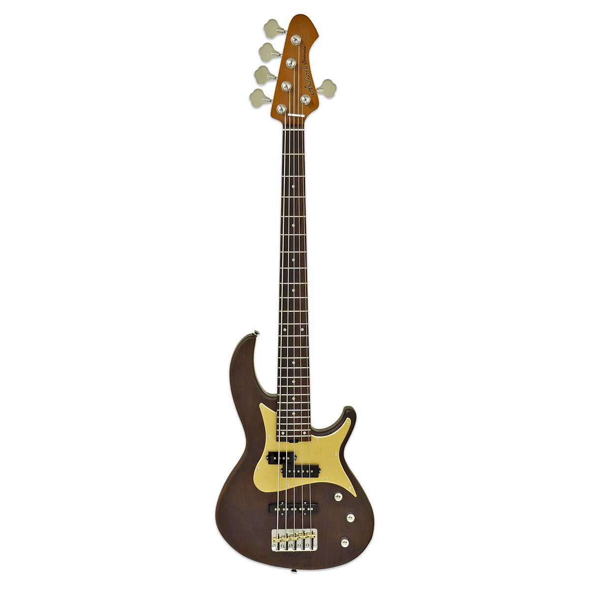 Aria 313-BB/5 Detroit 5-string bass in Bourbon Barrel brown with a gold pickguard, full-length front view