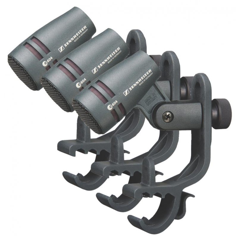 Three Sennheiser e 604 dynamic drum microphones mounted on their MZH 604 rim clips, dark grey glass-fibre bodies