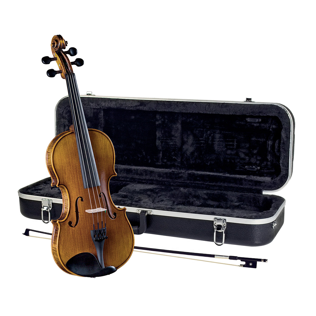 The complete outfit shows the violin, bow, and open Golden Gate case included with the Cremona SV-588 4/4 Violin.